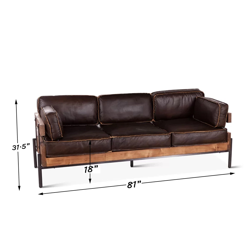 Metal & Genuine Leather Pillow Top Arm Sofa, Mocha Brown - Furnishiaa -  -